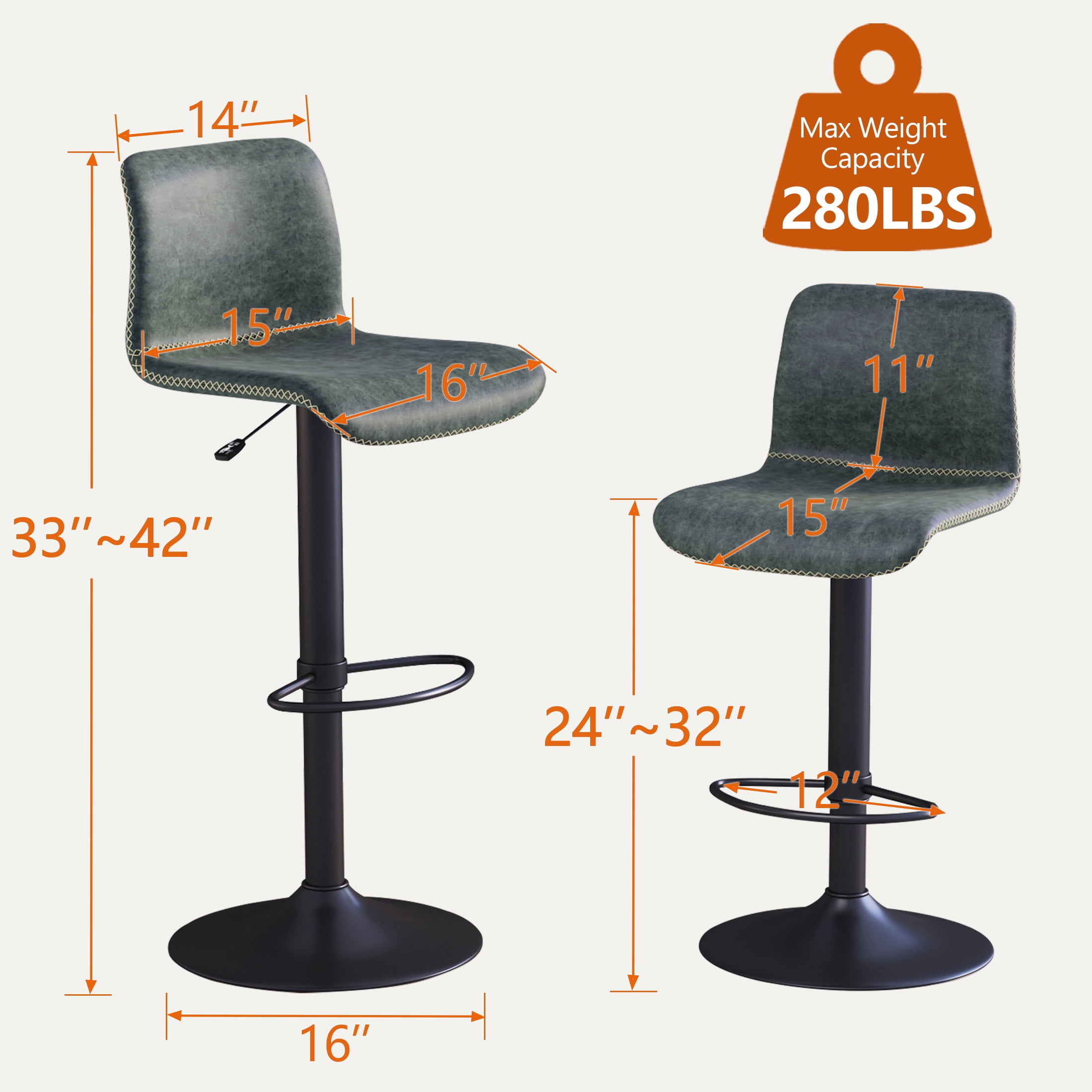FIRAVOE Bar Stools Set of 6, Swivel Bar Height Bar Stools with Ergonomic Back, Adjustable Barstools 24" to 32", Faux Leather Bar Chairs for Kitchen Island, Green