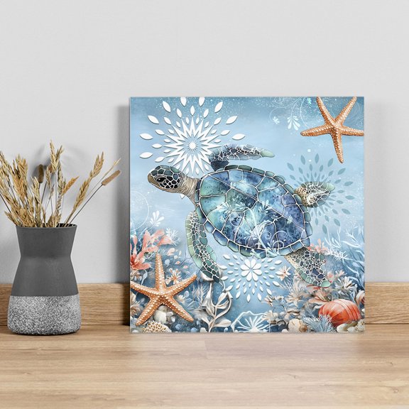 Blue Coastal Sea Turtle Wall Art Painting on Canvas, Summer Beach Starfish Botanical Canvas Art Home Prints Wall Art Framed Modern Artwork for Living Room Bedroom Wall Decor 8x8in