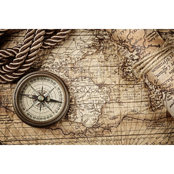 Art.com Vintage Still Life With Compass And Old Map Art Print by scorpp, 24" x 16"