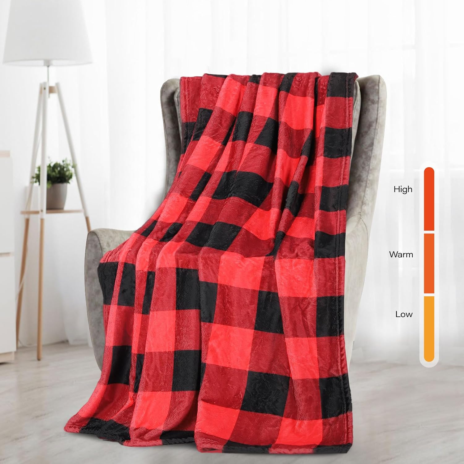 USB Powered Electric Heated Checkered Throw Blanket Portable USB Heating Red and Black Blanket for Women 50" X 60" with 3 Heating Levels