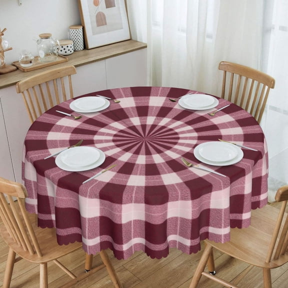 Burgundy Gingham Spiral Ring Round Tablecloth Waterproof Oil-Proof Plastic Table Cloth Stain-Resistant Wipeable 60" for Camping, Dining, Indoor and Outdoor