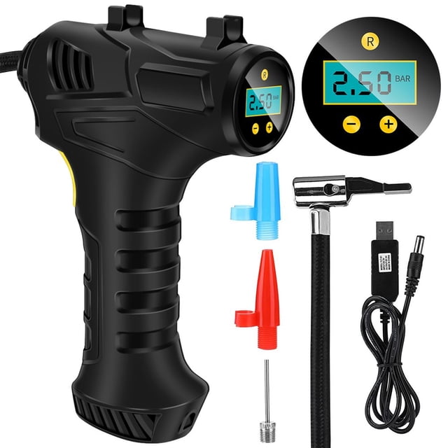 Cordless Tyre Inflator 12V 120W USB Rechargeable Air Compressor Handheld Electric Digital Tire Pump with LED Light and 2000mAh Battery for Car Motorcycle Bicycle