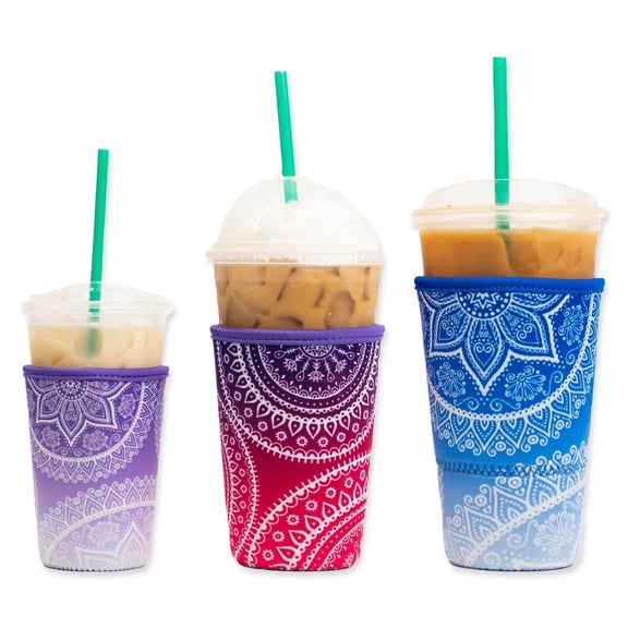 3-Pack (16-32oz) Reusable Neoprene Insulator Sleeve for Iced Coffee or Cold Beverage Cups (Mandala Mix)