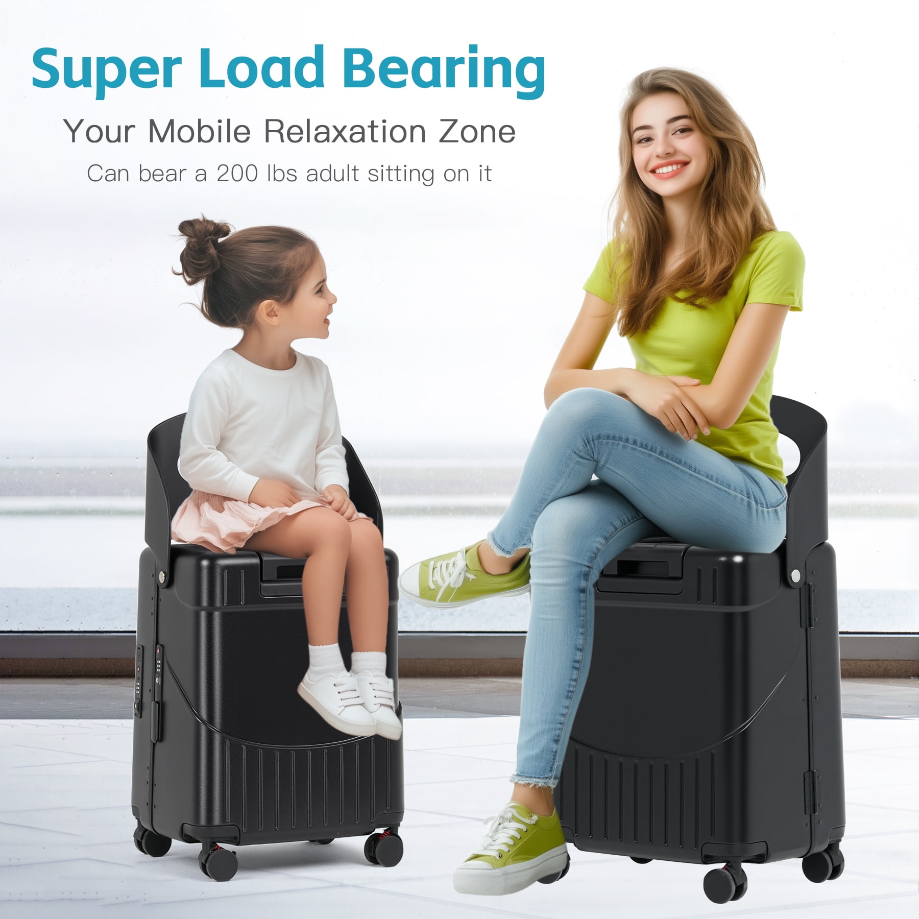 Advwin 22" Multifunctional Hardshell Ride On Suitcase with Front Opening, Child Seat, USB Port, TSA Lock & 4 Spinner Wheels, Black