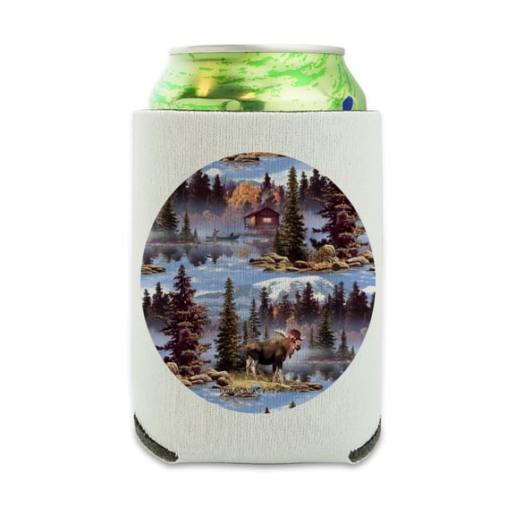 Moose Cabin Forest Woods Canoe Pattern Can Cooler - Drink Sleeve Hugger Collapsible Insulator - Beverage Insulated Holder