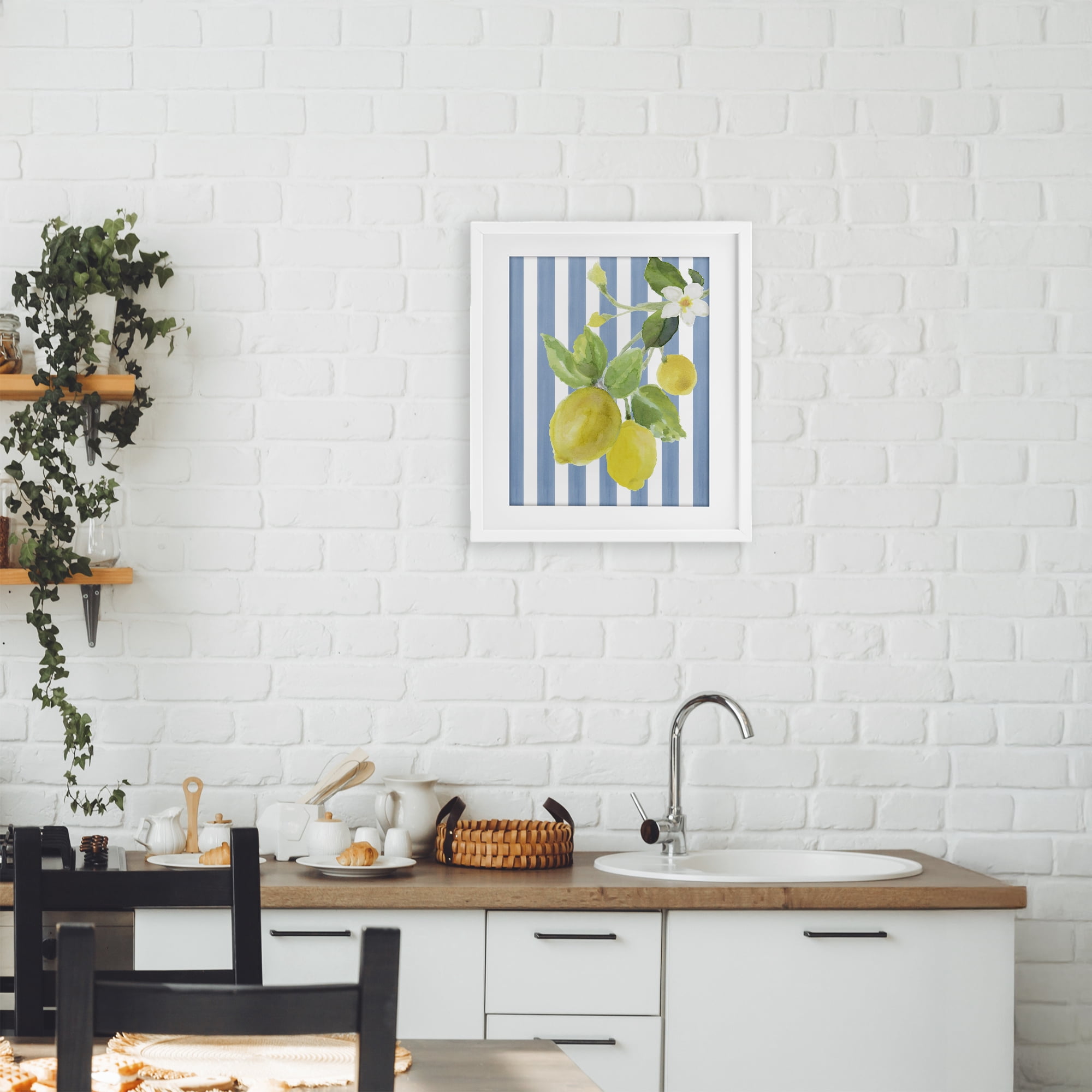 Stupell Industries Lemon Blossom on Blue Stripes White Framed Print Under Glass, design by Lanie Loreth
