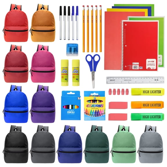 Moda West 17 Inch Bulk Backpacks with 52 Piece School Supplies Kits - Pens, Pencils, Crayons - Case of 12 Wholesale Backpacks in 12 Assorted Colors