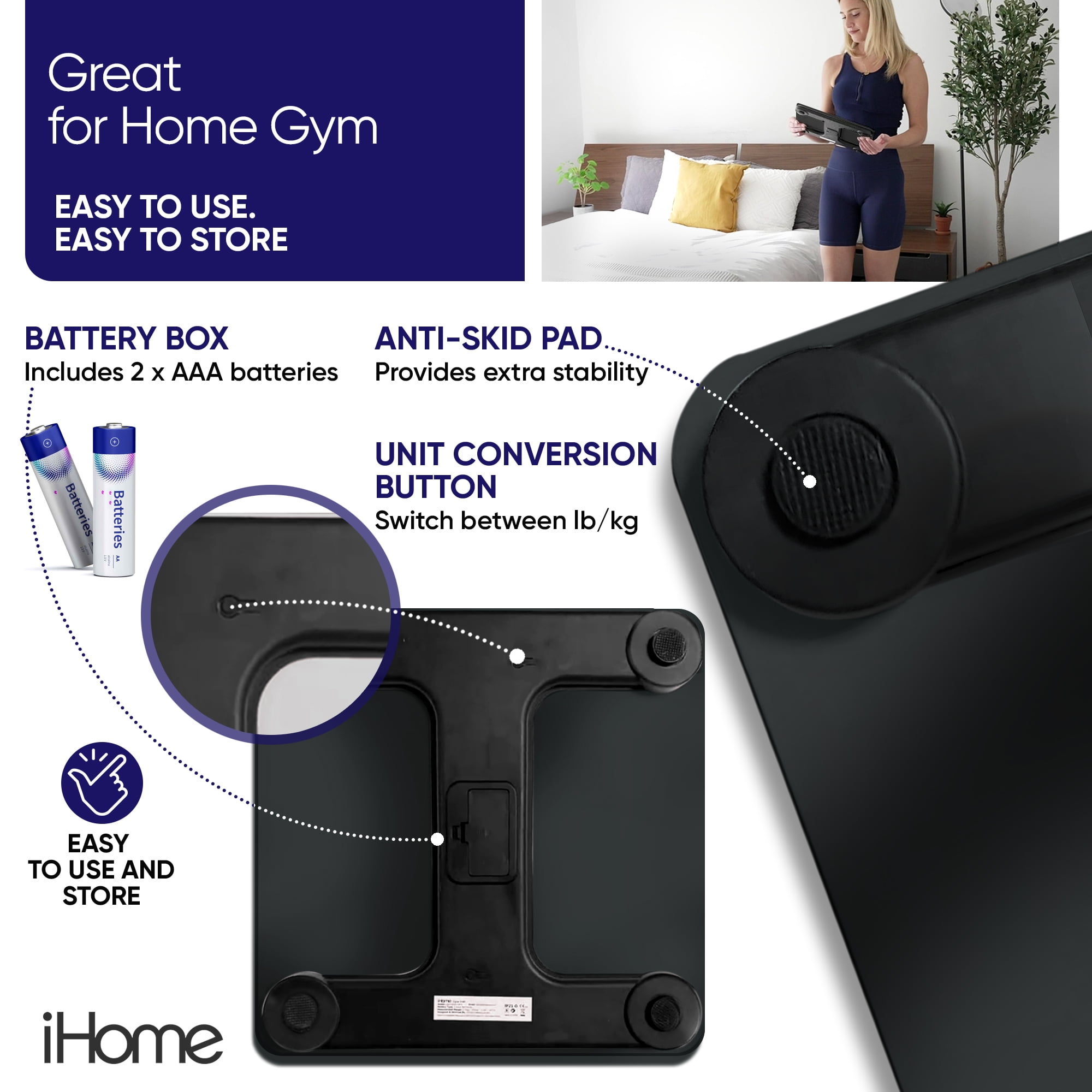 iHome Digital Battery Powered Bathroom Scale with Fit+ Personal Coach App, FSA and HSA Eligible, Black, 397 lbs Capacity