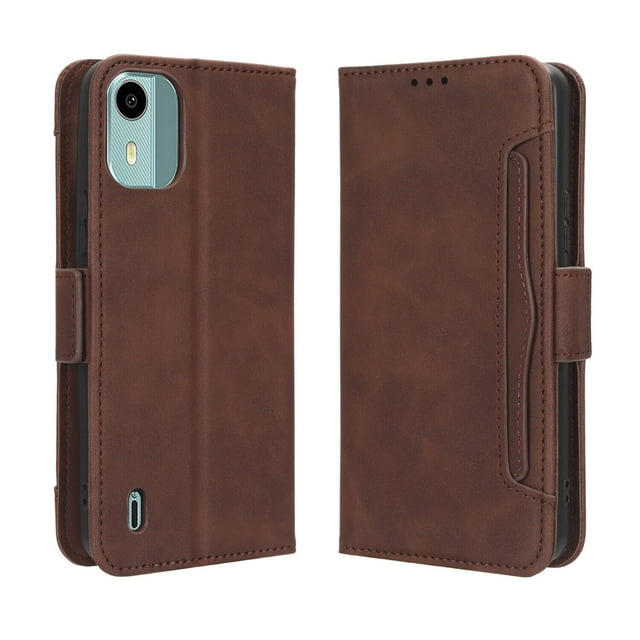 Case for Nokia C12 Cover Adjustable Detachable Card Holder Magnetic closure Leather Wallet Case. Multifunctional brown PU leather wallet-style phone case with magnetic closure, card slots, cash compartments, and detachable lanyard strap. Compatible with Nokia C12, includes kickstand functionality and phone shell design for hands-free viewing.