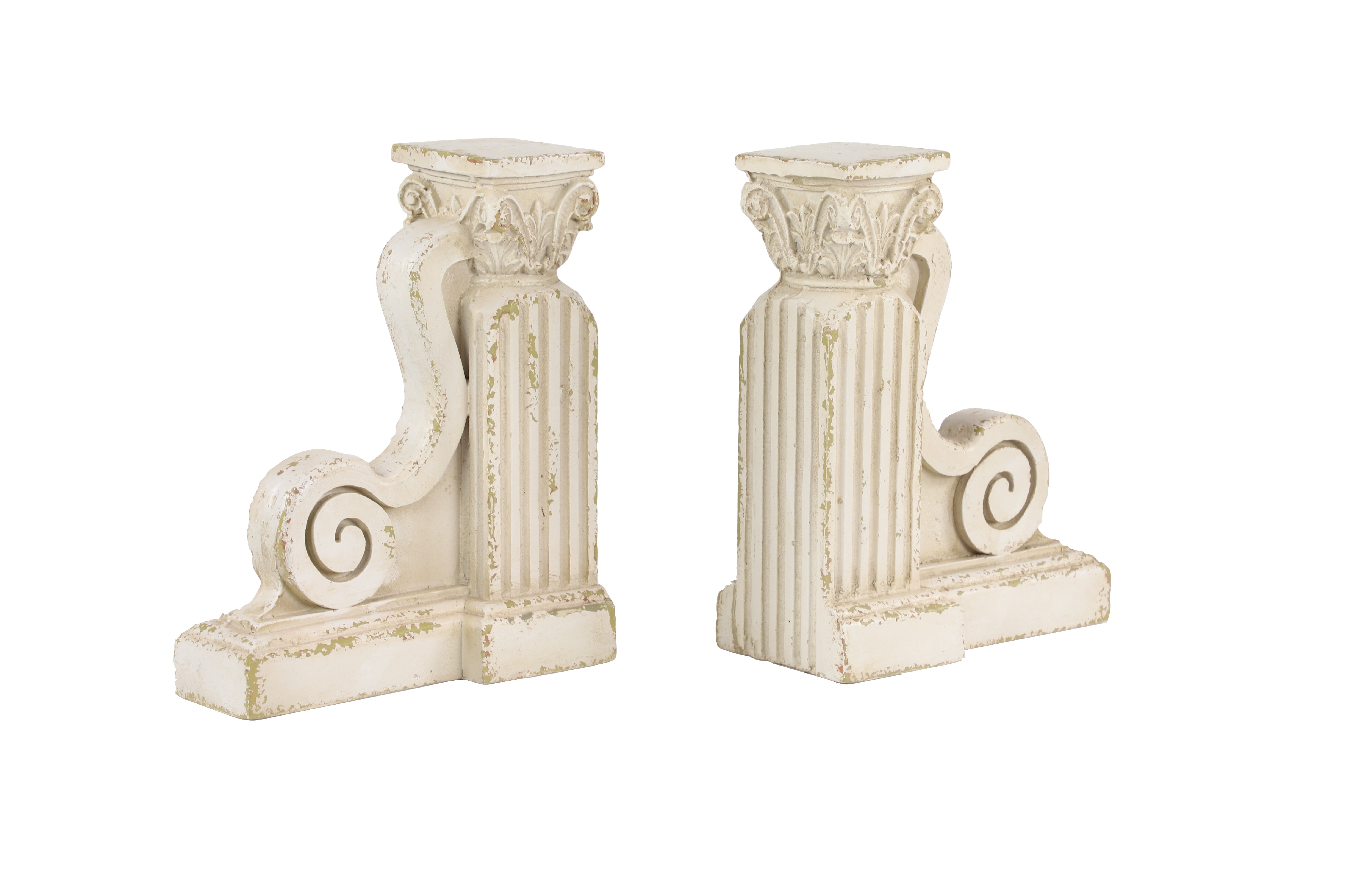 Decmode - 10” x 12” Large Distressed White Decorative Pillar Scroll Bookends