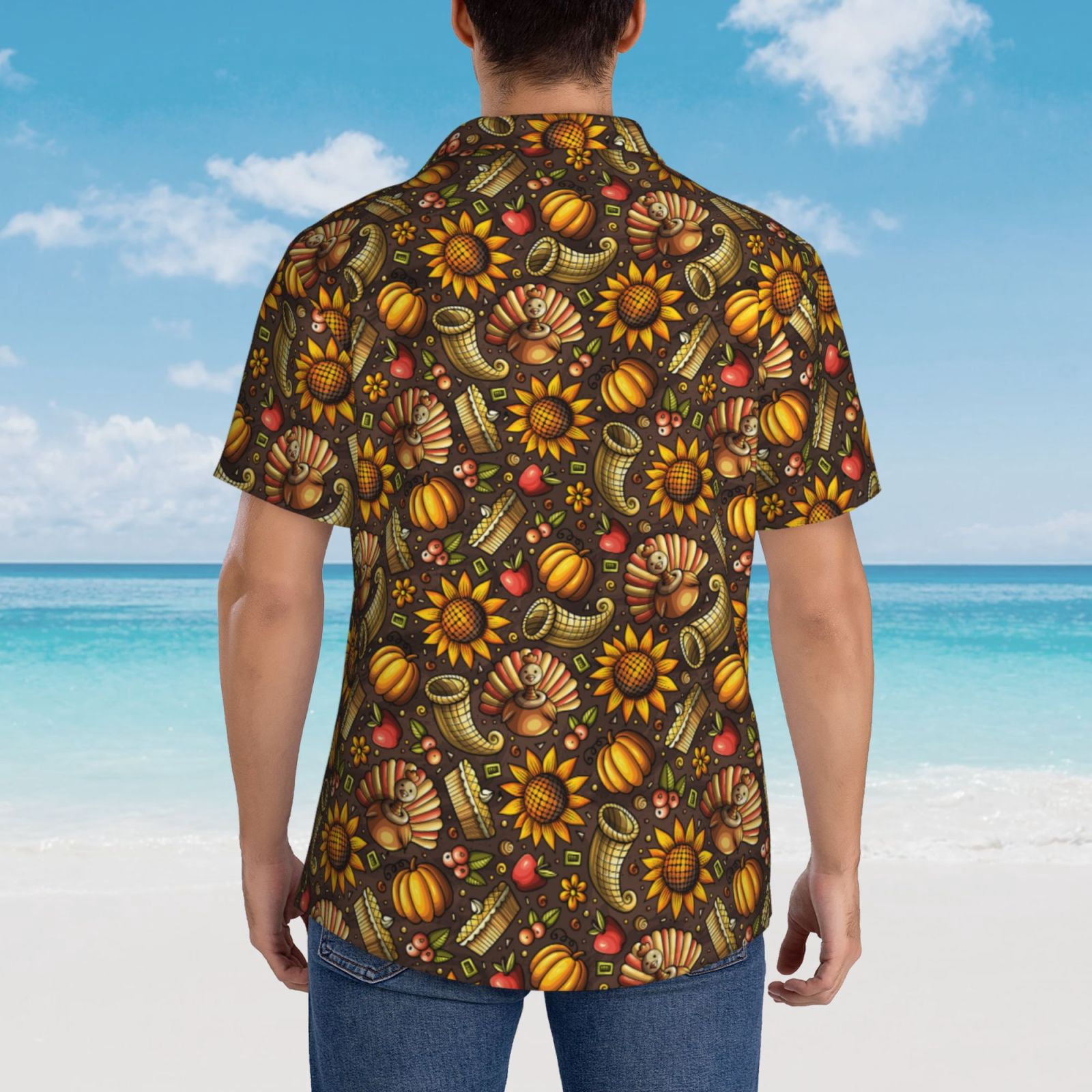 Logiee Chrysanthemum turkey Print Mens Hawaiian Shirts,Loose-Fit Short Sleeve Button Down Tropical Aloha Beach Shirt,Summer Vacation Wedding Tops,Medium