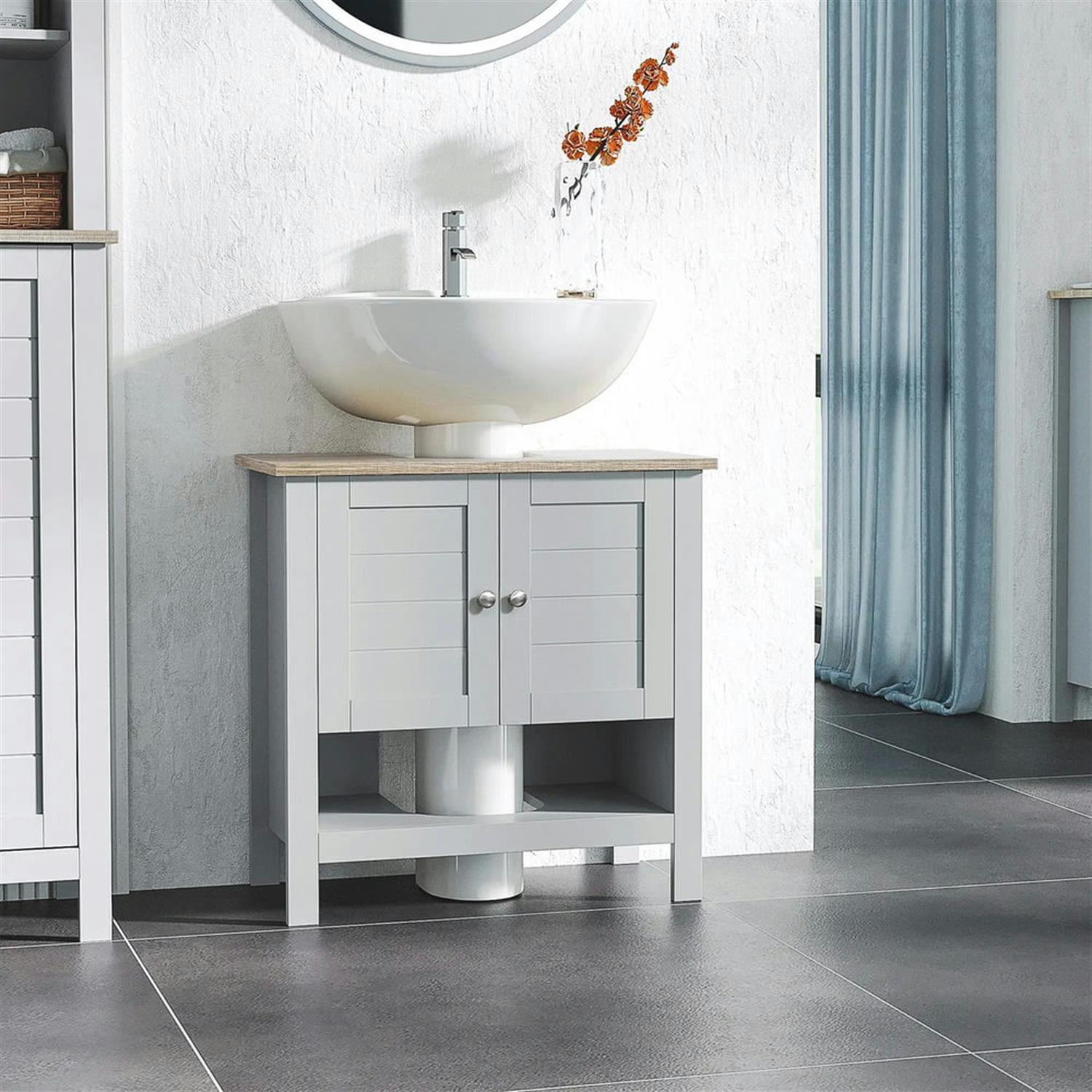 Demi Bonn 23" Bathroom Vanity with Open Bottom Shelf, U-Shape Cut-Out and Adjustable Shelf, Pedestal Sink 2-Door Cabinet, Under Sink Cabinet, Gray