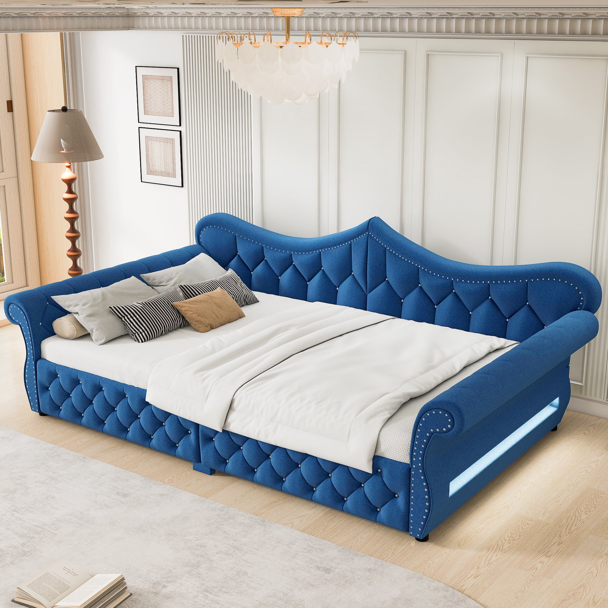 Euroco Upholstery Queen Size Daybed, Sofa Bed with LED Light, Blue