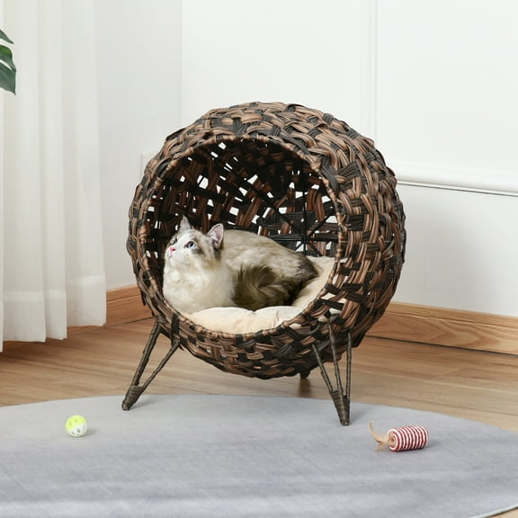 Pawhut 20.5" Natural Rattan Cat House, Brown