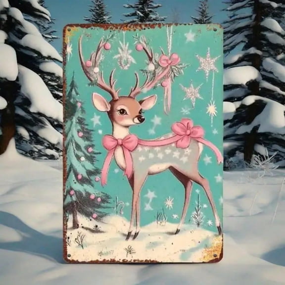 HELLOYOUNG Vintage Pink Santa Deer Metal Tin Sign Outdoor Yard Porch Wall Art Unique Christmas Holiday Gift