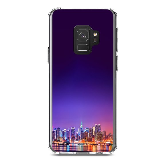 DistinctInk Clear Shockproof Hybrid Case for Samsung Galaxy S9 (5.8" Screen) - TPU Bumper, Acrylic Back, Tempered Glass Screen Protector - New York Skyline Night - The Big Apple