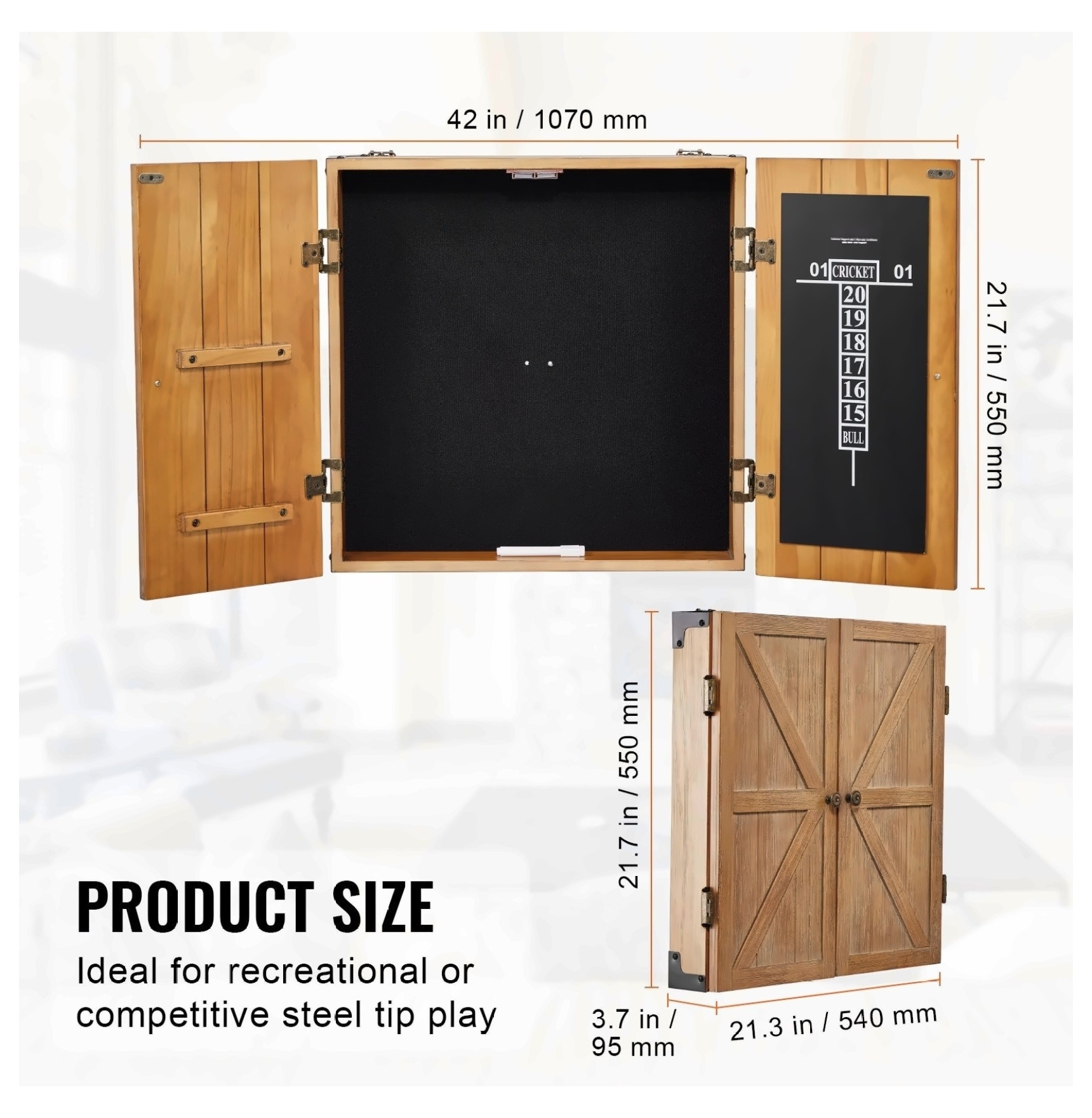 Dartboard Cabinet Solid Wood, Official Size - Retro Style, Scoreboard & Accessories Included (Dartboard & Darts Not Included)