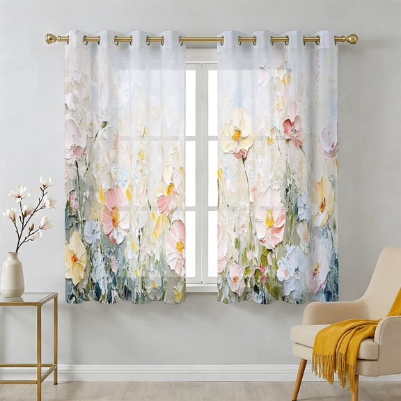 Garden Flower Sheer Curtains 45 Inch Long 2 Panels, Oilpainting Pink Yellow Blue Floral Light Filtering Semi Sheer Drapes Grommet Voile Window Curtain for Living Bedroom W42 x L45