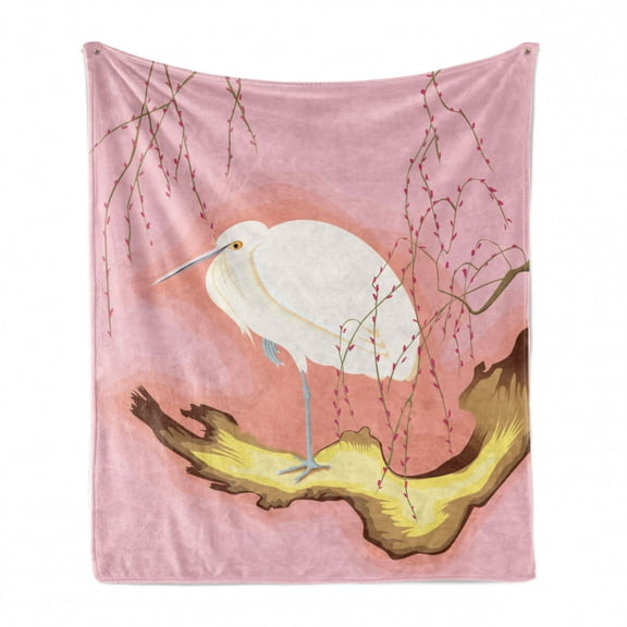 Egret Soft Flannel Fleece Throw Blanket, Japanese Art Bird on Branch on Color Changes Background Print, Cozy Plush for Indoor and Outdoor Use, 60" x 80", Multicolor, by Ambesonne