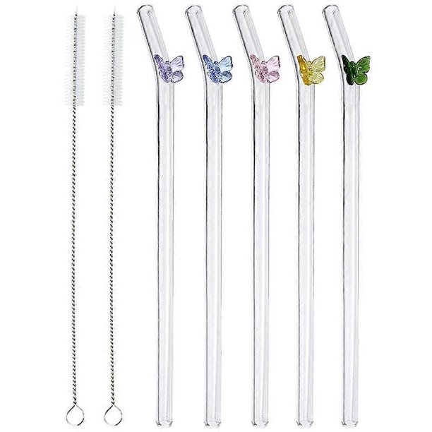 5 Pcs Reusable Glass Straws,Colorful Butterfly on Clear Straws with Design Shatter Bent Drinking Str