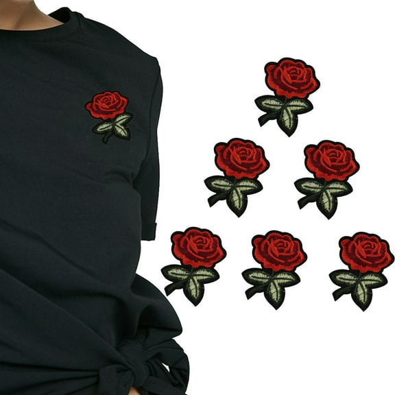 Under $1 Rose Embroidered Patch, 6-Piece Rose Embroidery Patches - Iron-On Fabric Appliques for Clothing/Denim Diy Decoration, Sew-On Applique, Red, by Goohae