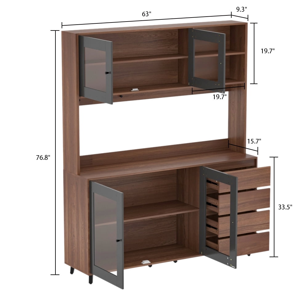 WIAWG 63" Modern Kitchen Pantry Storage Cabinet Large Wooden Sideboard Buffet hutch Cupboard Walnut/Black