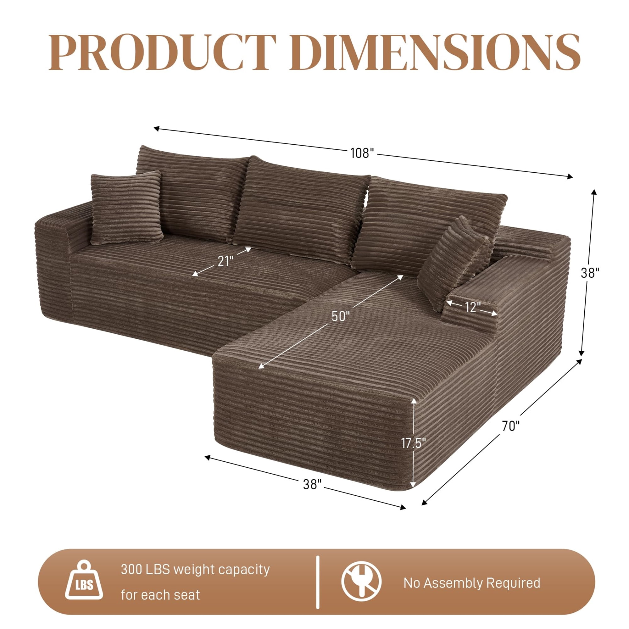 Aukfa 108" Cloud Sectional Sofa Deep Seat Boneless Couch Modular L-Shaped Couch, Rihgt Chaise Corduroy Sofa for Living Room, Brown