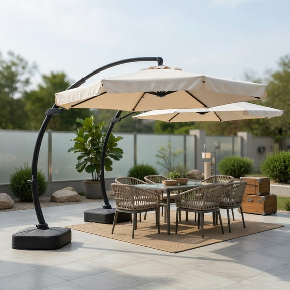 Resenkos 11 FT Cantilever Patio Umbrella with Rotating & Tilting Canopy, Rustproof Aluminum Frame, Polyester Canopy – Beige, Brown, Gray, Navy (Base 4 Sandbags Included)