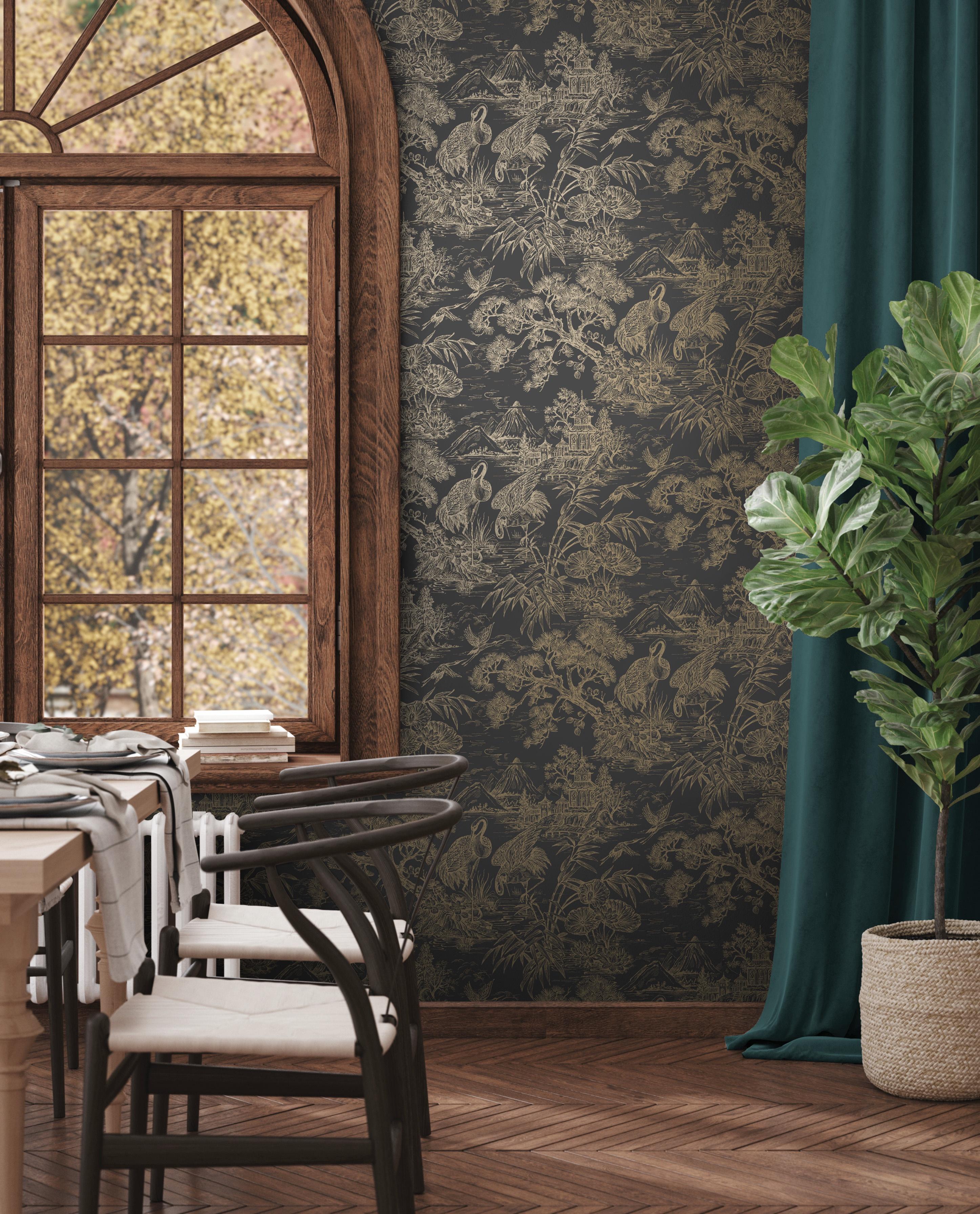 Charcoal Gold Majestic Crane Tropical Wallpaper