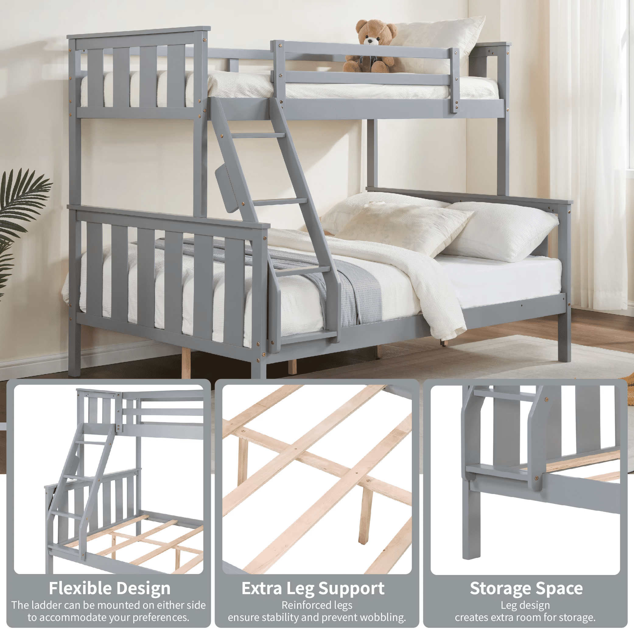 MAYEERTY Twin over Full Bunk Bed with Flexible Ladder, Kids Solid Wood Bed Frame, Non-Toxic Finishes, No Box Spring Needed, Gray