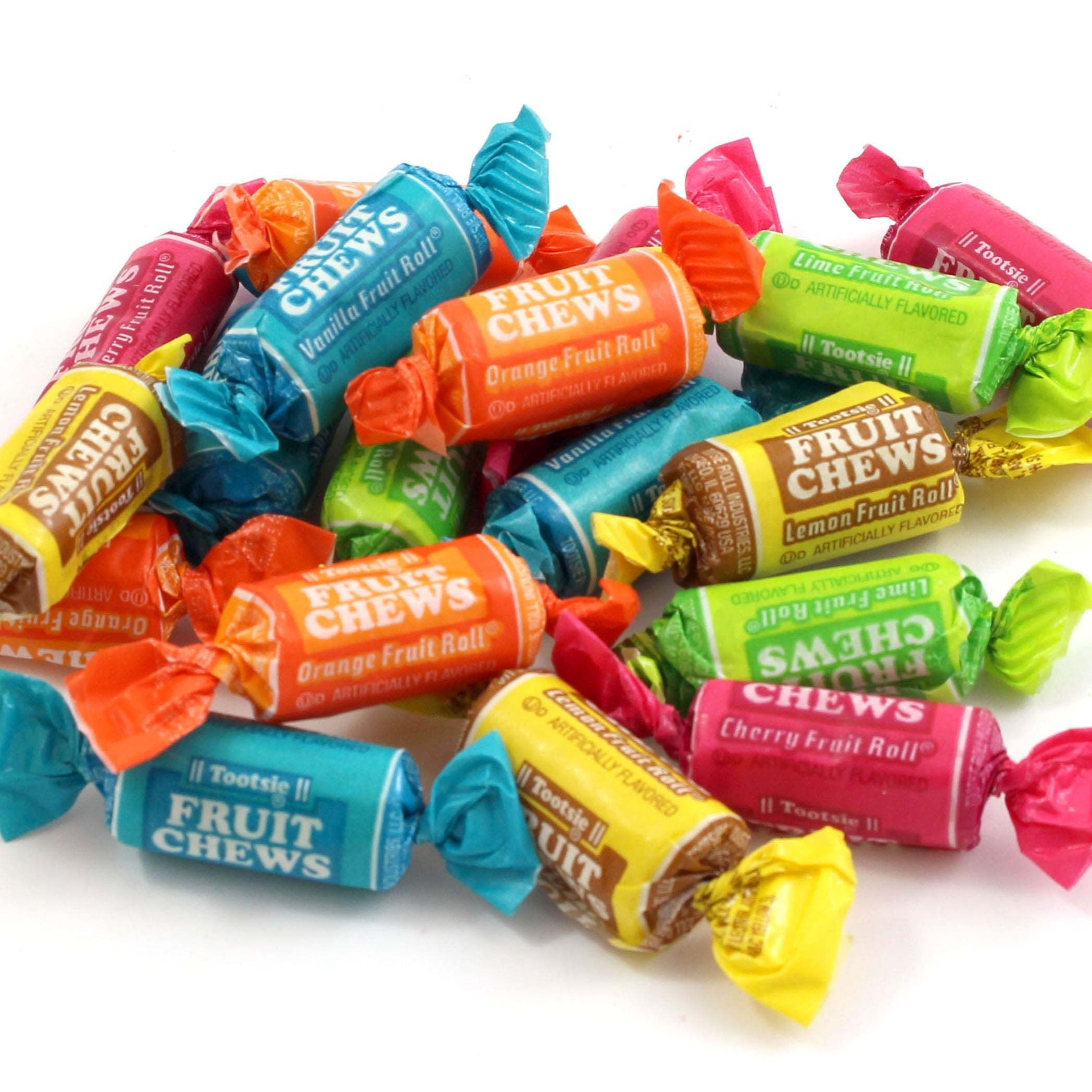 Tootsie, Fruit Chew Rolls, Assorted Fruity Flavored Candy - 37-oz. Resealable Bag. Peanut Free, Gluten Free. Contains Milk and Soy.