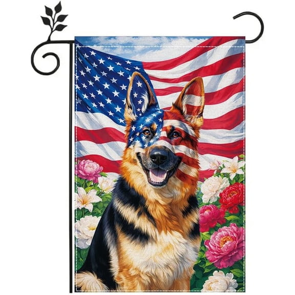 Patriotic German Shepherd Garden Flag with Flowers, 12 x 18 Inch Double-Sided Outdoor Dog Decor for Front Yard, Porch and Holiday Decorations