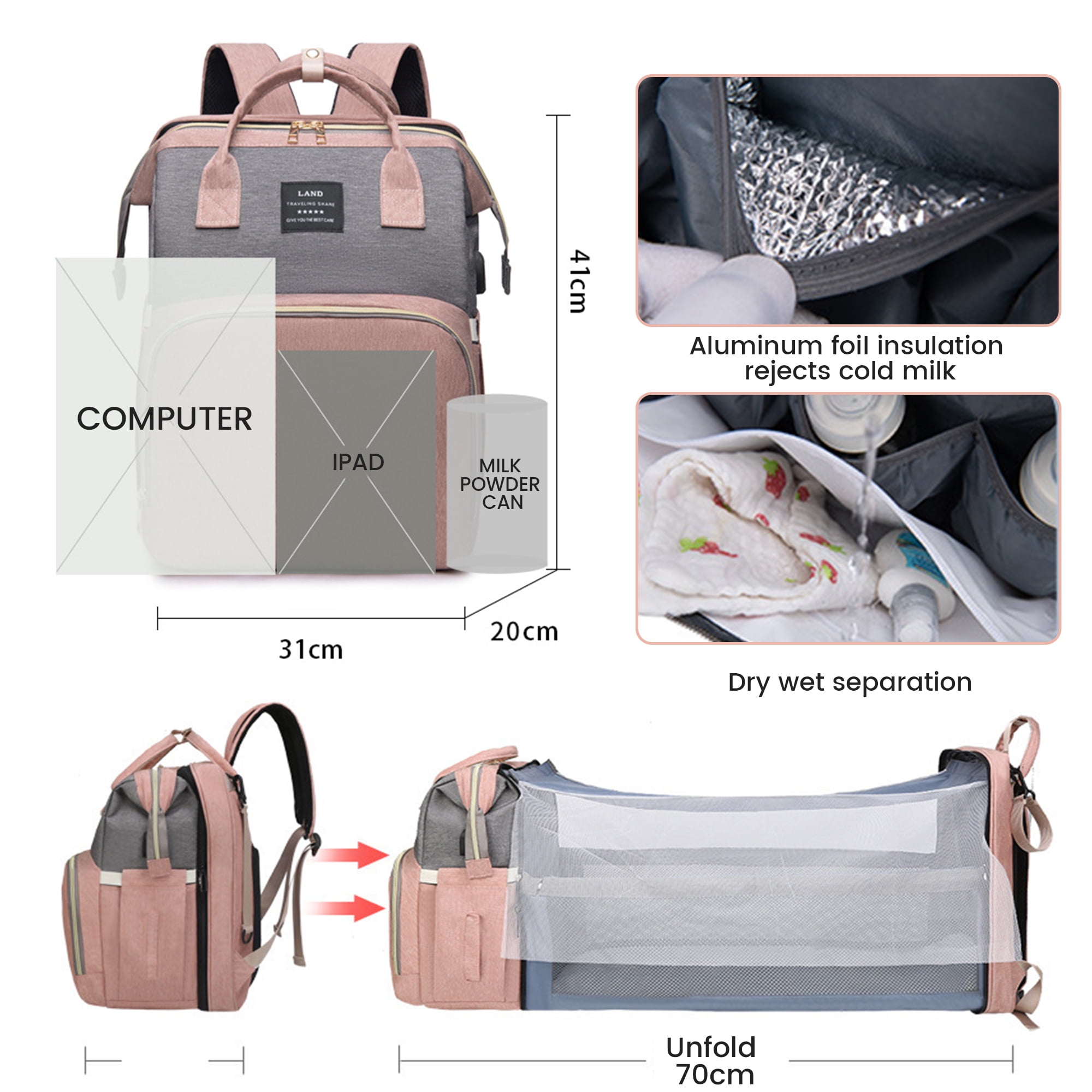 Diaper Backpack, Baby Diaper Bag Backpack for Boys& Girls, Large Capacity Baby Changing Bag w/ Foldable Crib & Insulated Milk Bottle Pocket - Waterproof and Stylish (Pink)