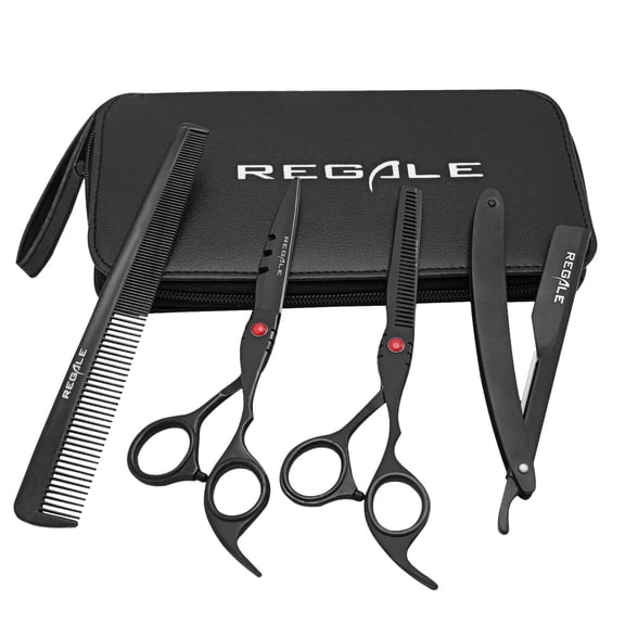 Regale Barber Supply King Pro 5-Piece Professional Barber Kit | Cutting Shear, Texturizing Shear, Straight Razor & Comb Set — Matte Black