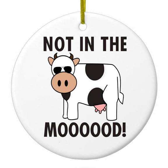 DistinctInk Hanging Ceramic Christmass Tree Ornament with Gold String - Great Gift / Present - 2 3/4 inch diameter - Not in the MOOOOOOD! Cow