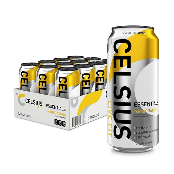 CELSIUS ESSENTIALS, Sparkling Mango Tango, Performance Energy Drink 16 fl oz (Pack of 12)