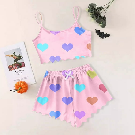 XINXIAOO Women's Heart Print Casual Pajama Shorts Set Women Flannel Pajamas Lace Pajamas Set Two Two Cute Pajamas for Mom Ladies Pajamas Women Pajamas Set Long Sleeve Womens Pajama Set Knit Pajama