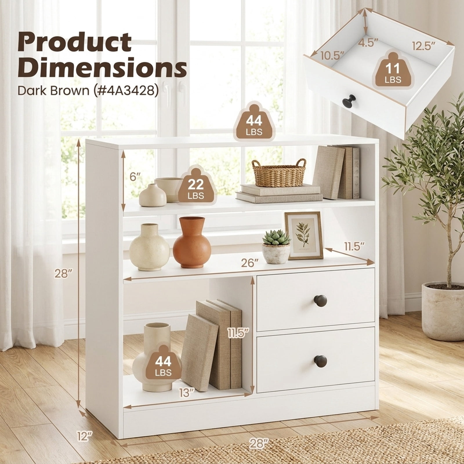 Furnibear Open Accent Cabinet with 2 Drawers 3 Compartments and Countertop Bookshelf Storage for Entryway Living Room and Bedroom, White