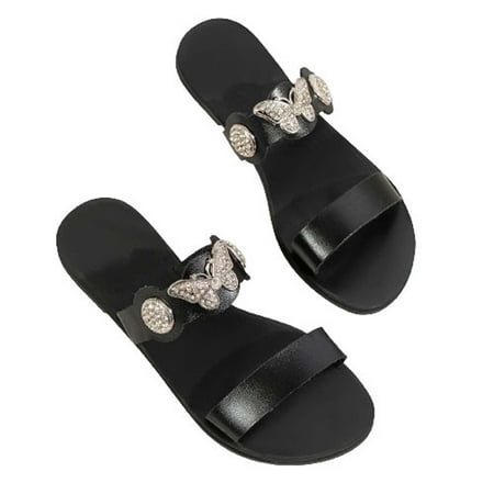 

DTBPRQ Fashion Flat Slide Sandals for Women Summer Slip On Square Open Toe Butterfly Metal Strap Sandals