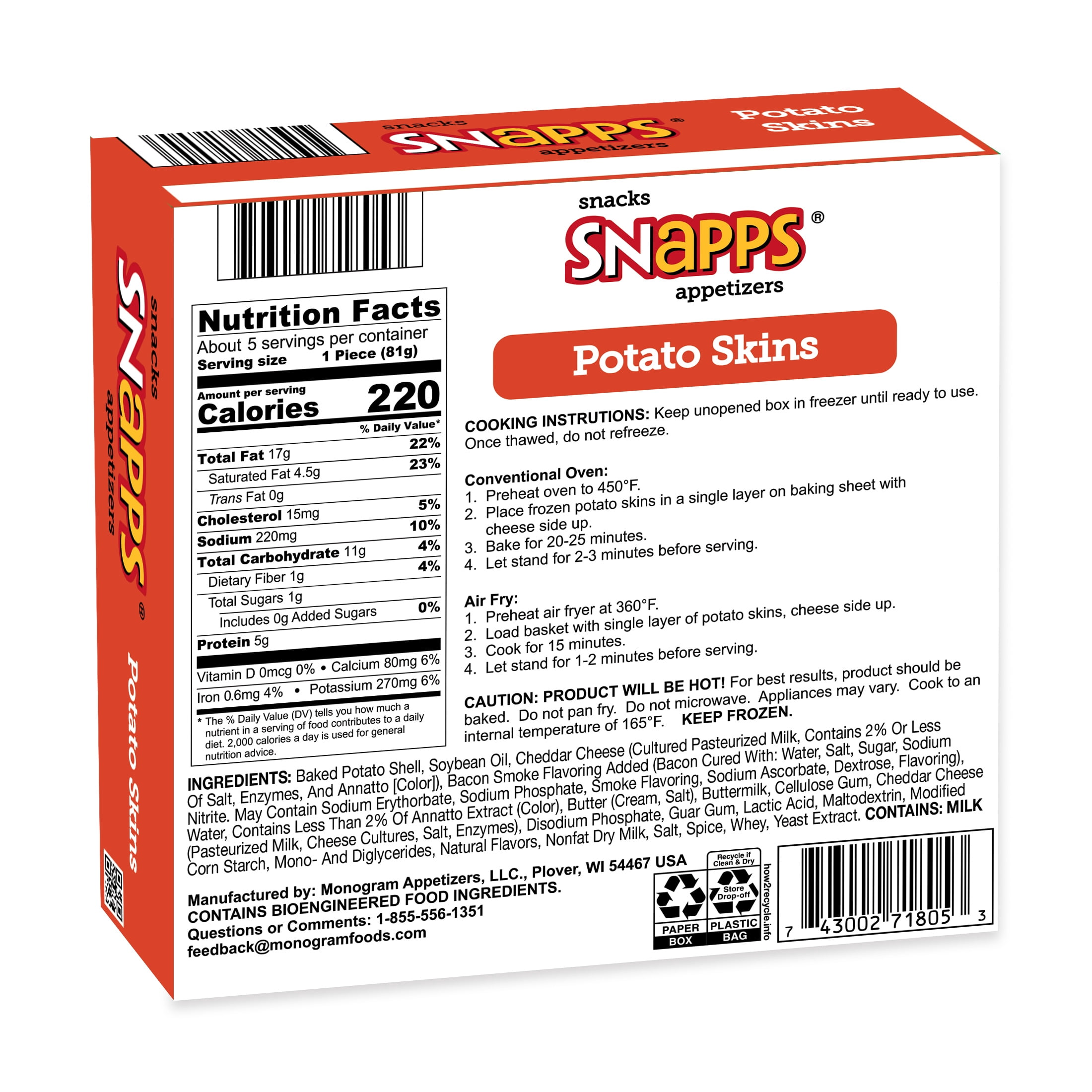 Snapps Frozen Potato Skins with Cheddar Cheese and Bacon, 13.5 oz Cardboard Box