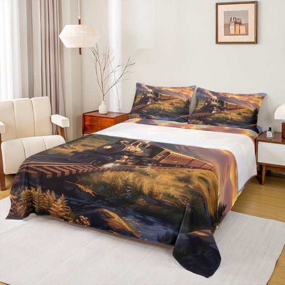 Castle Fairy Railroad Steam Engine Twin Sheet Sets 3pcs for Teens,Transportation Theme Twin Fitted Sheet Microfiber,Railway Train Breathable Flat Sheet,Super Cozy Room Decor