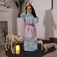 thumbnail image 2 of Outdoor Halloween Animatronics Decoration,Sound Touch Activated 39.3" Scary Standing Ghost Nurse with Light Up Red Eyes,Sounds,Animated Swing Hand Zombie Nurse for Home,Yard,Patio,Haunted House, 2 of 6