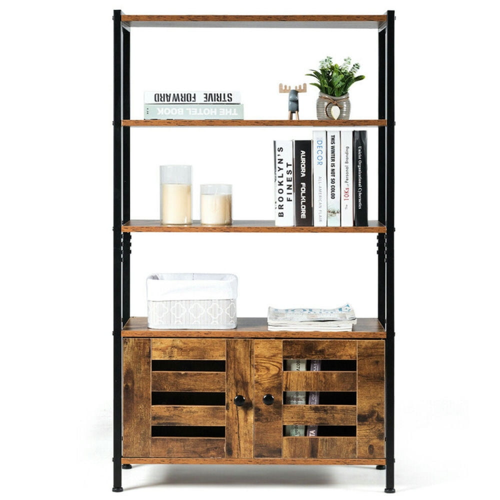 Demi Bonn 3-Tier Bookshelf with 2 Shutter Doors Storage Cabinet, Free Standingdustrial Bookcase, Brown