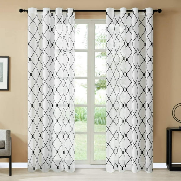 Topfinel White Sheer Curtains 84 Inches Long Black Embroidered Diamond Grommet Window Curtains