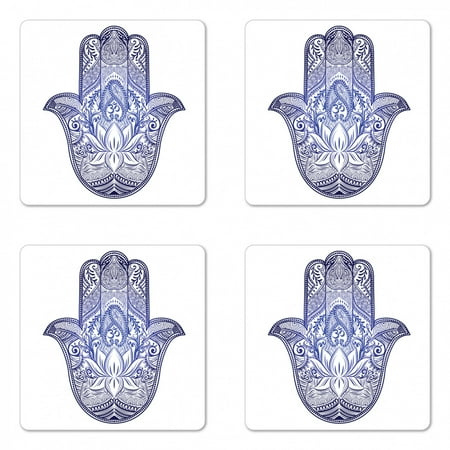 

Hamsa Coaster Set of 4 Culture Motifs with Paisleys Flourishing Lotus and Old Sign Square Hardboard Gloss Coasters Standard Size Dark Blue Violet Blue by Ambesonne