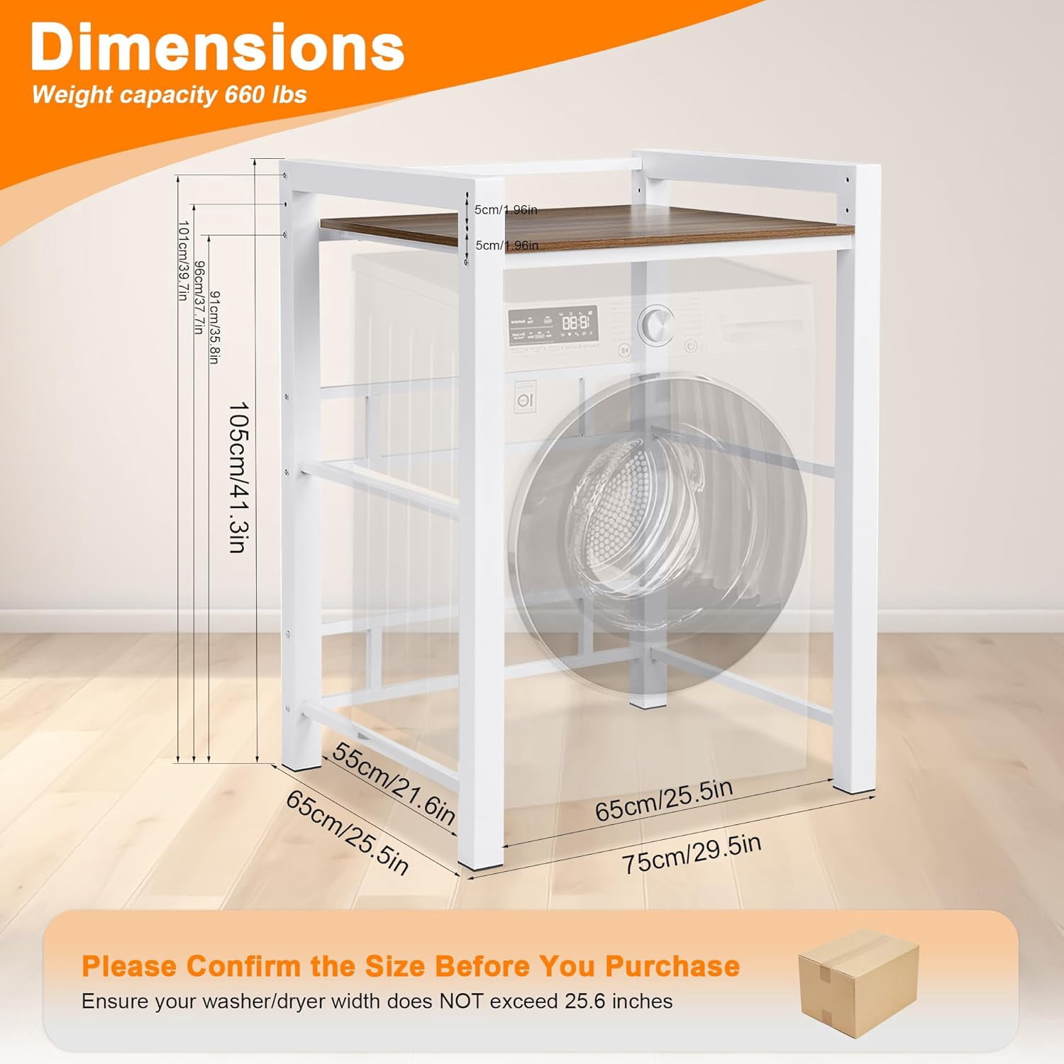 Washer Dryer Stacking Rack, 3 Height Adjustable Laundry Shelf, 300KG Load Capacity, White Storage Organizer for Bathroom