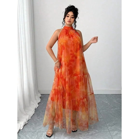 Orange Floral Mesh Sleeveless High-Neck Tiered Maxi Dress For Women