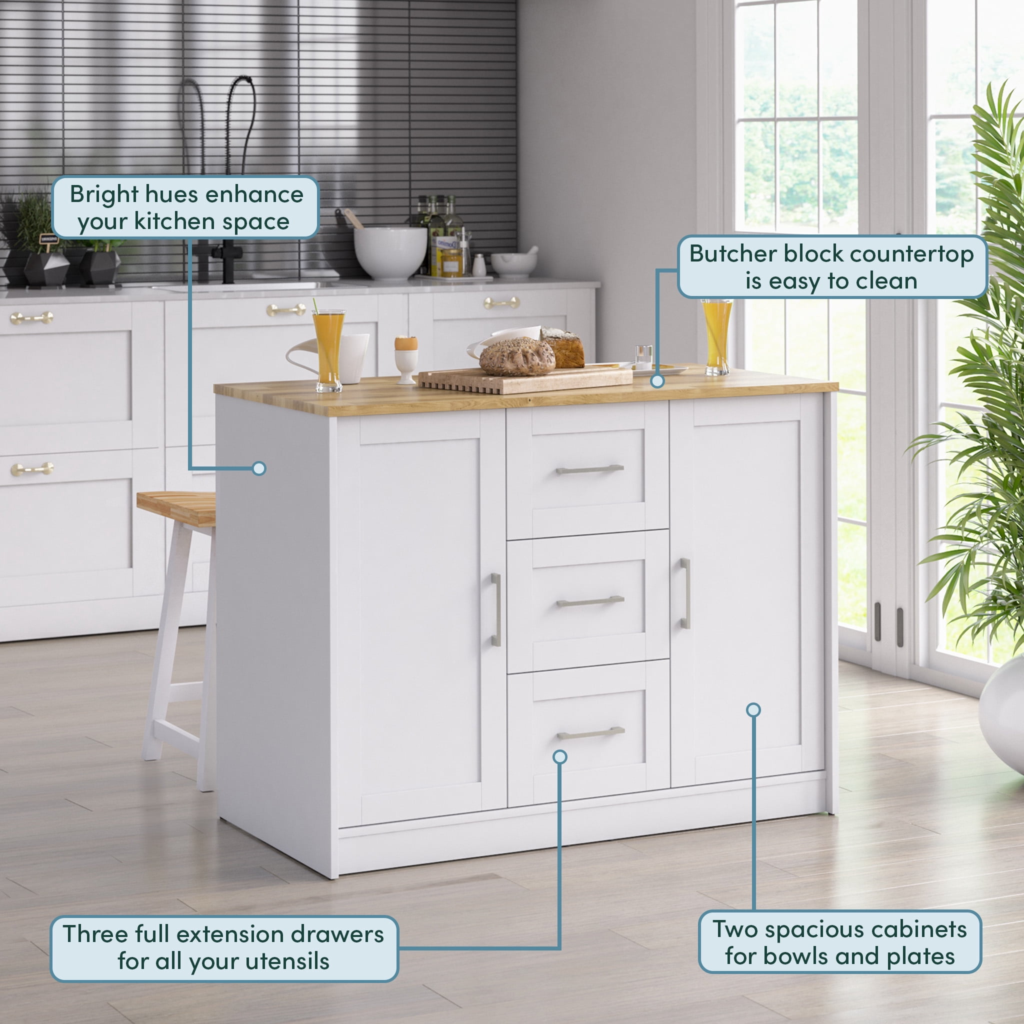 Twin Star Home 48" Traditional Kitchen Island with Butcher Block Top, Brilliant White