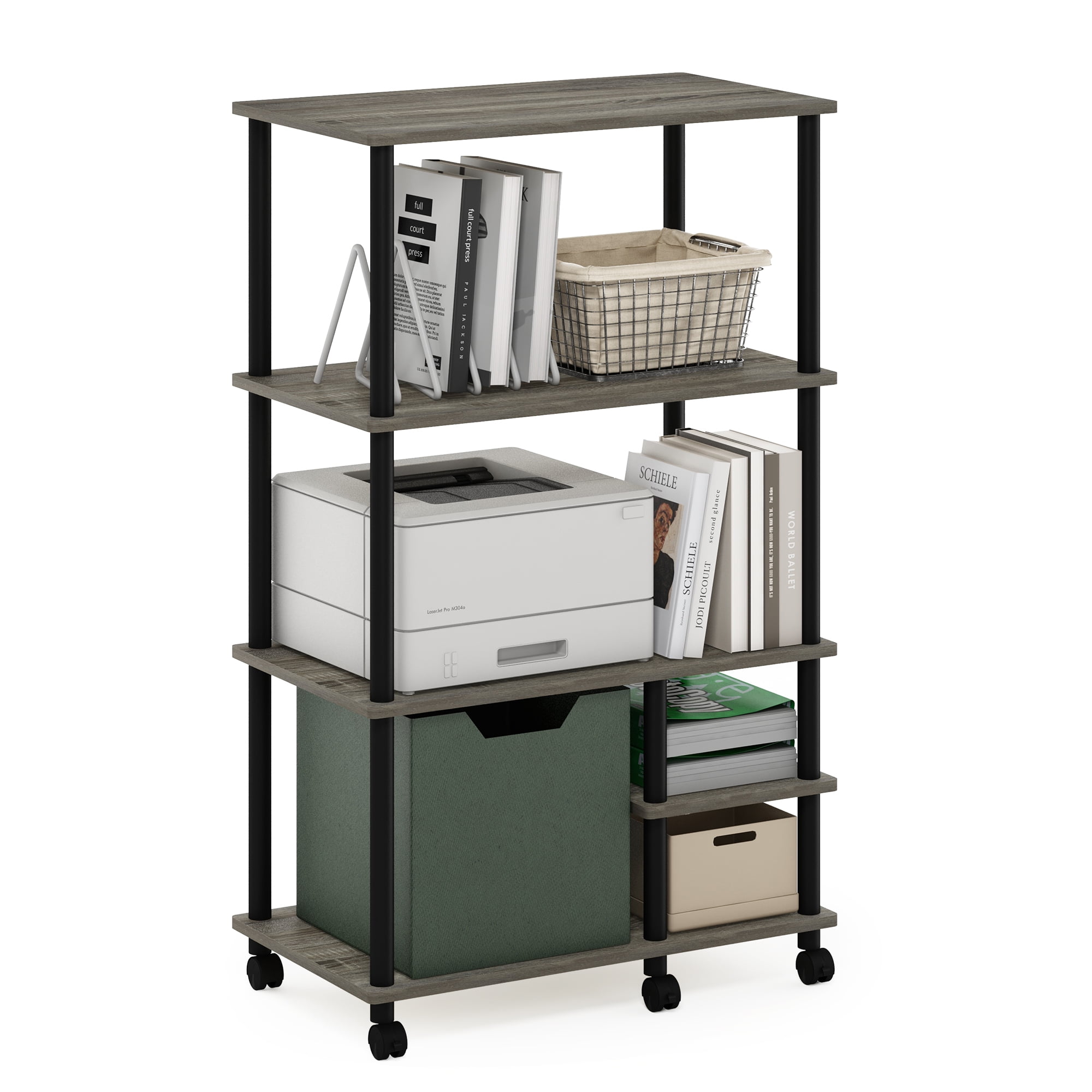 Furinno Turn-N-Tube 4-Tier Toolless Multipurpose Printer Stand Display Storage Shelf with Wheels, French Oak Grey/Black