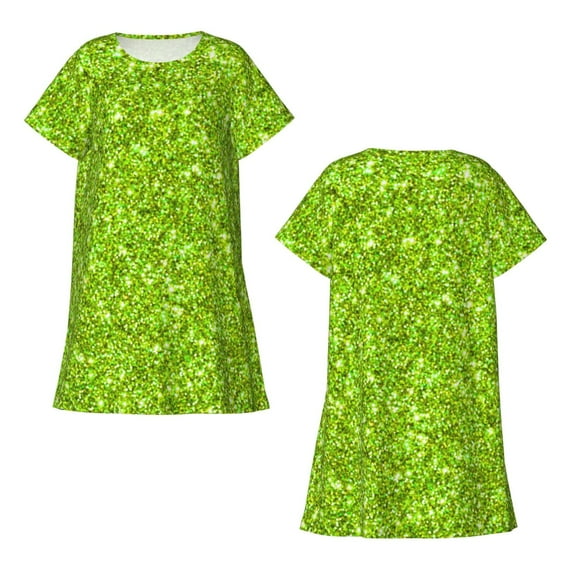 Horeoi Lime green glitter Print Women's Short-sleeved Nightdress Breathable Cotton-like Material Loose A-line Knee-length